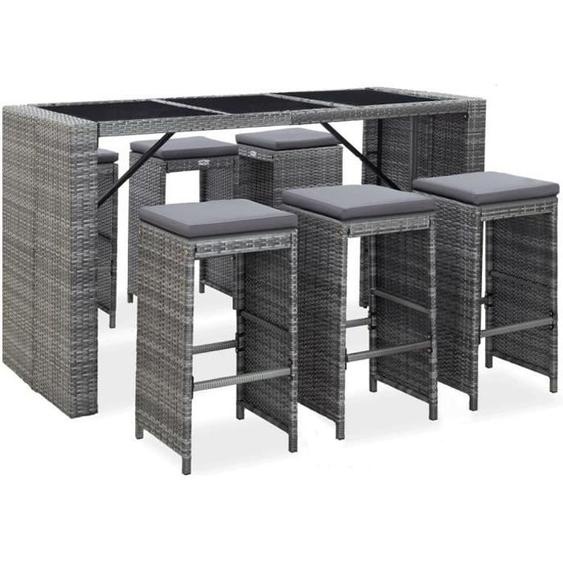 Ensemble de bar de jardin en résine tressée gris - vidaXL - 185x80x110cm - 7 pcs avec coussins