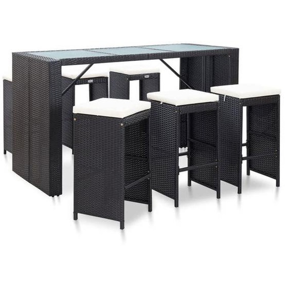 Ensemble de bar de jardin en résine tressée VIDAXL - Noir - Table en verre trempé - 7 pcs avec coussins