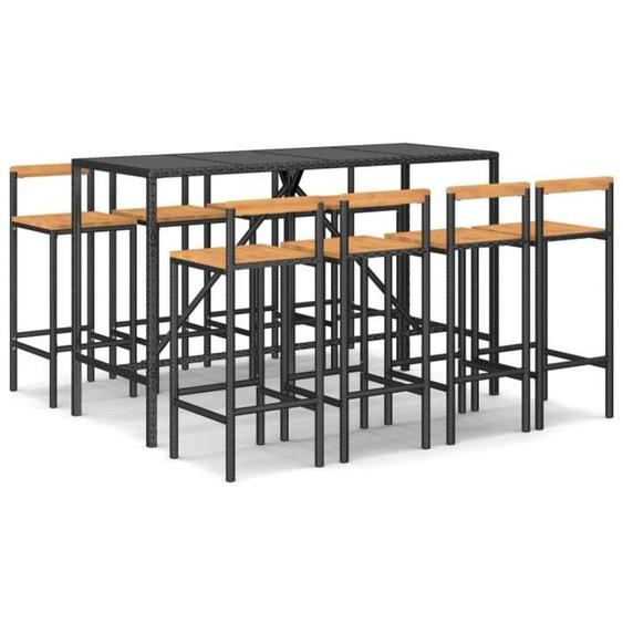 Ensemble de bar de jardin noir en rotin poly/bois massif acacia - Contemporain - Jardin