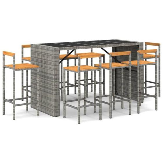 Ensemble de bar jardin 9 pcs gris poly rotin/bois massif acacia