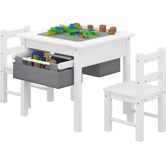 Ensemble de Table et Chaises pour Enfants, avec Plateau Réversible, 2 Paniers de Rangement Amovibles en Tissu, Blanc+Gris 0018ETZY