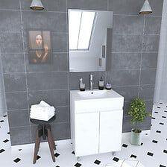 Ensemble Meuble De Salle De Bain 60x45x81-Meuble Mdf-Melamine Brillant Blanc-Vasque Ceramique+Miroir