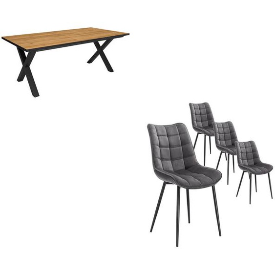 Ensemble Meubles, Table À Manger, 200, Chêne Et Noir, Industriel, Table À Manger, Lot De 4 Chaises De Salle À Manger, Chaise Tapissée