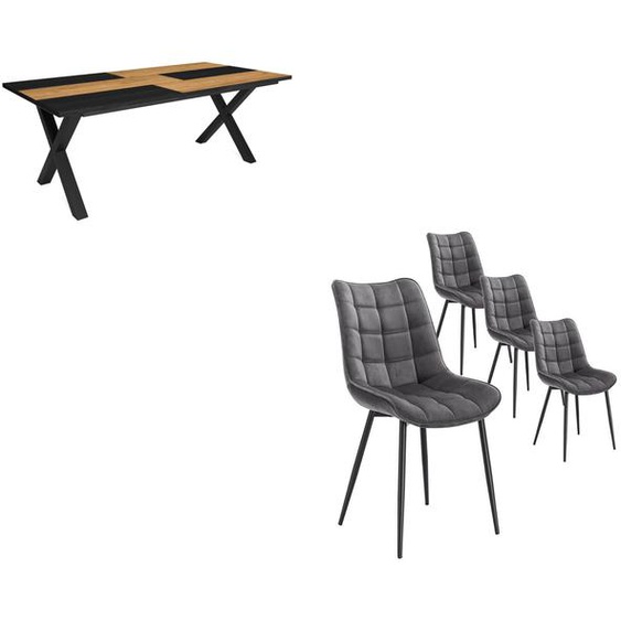 Ensemble Meubles, Table À Manger, 200, Chêne Et Noir, Style Industriel, Table À Manger, Lot De 4 Chaises De Salle À Manger, Chaise Tapissée