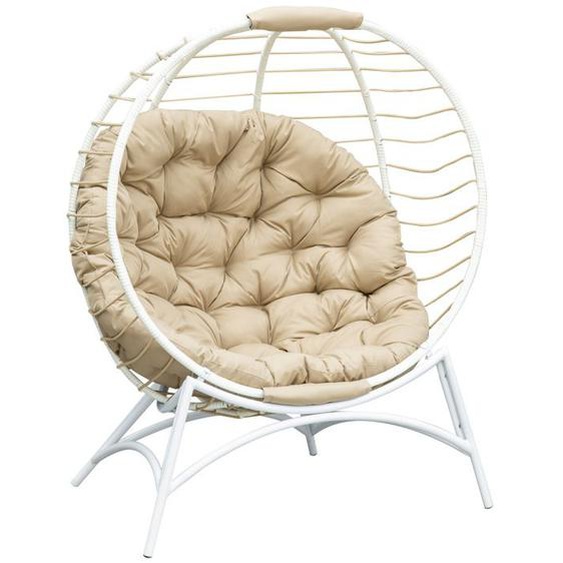 Fauteuil cocon œuf sur pied - Outsunny - avec coussin métal résine - 118 x 75 x 142 cm  - blanc et beige