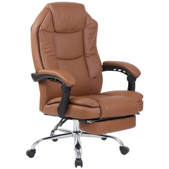 Fauteuil de bureau sur roulettes dossier et repose pied reglable en PVC marron clair et metal 10_0002436