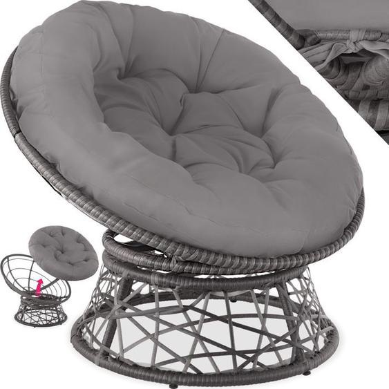 Fauteuil Exterieur en Rotin Gris Chaise Relax Ronde Pivotante à 360° avec Grand Coussin Confort Jardin