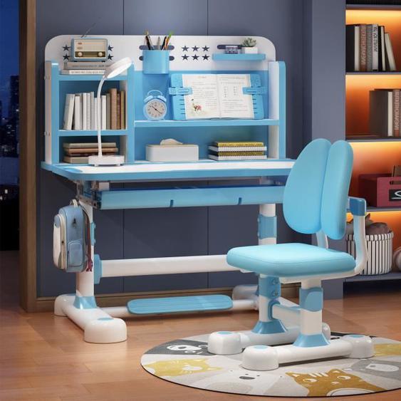 FLASIDU Bureau détude pour enfants avec chaise - Ensemble Bureau et Chaise pour Enfant, Hauteur Réglable-Bleu-3-18 ans-117*110*50cm