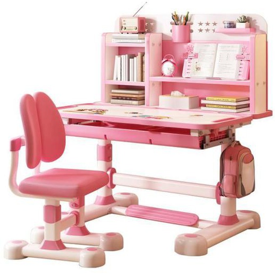 FLASIDU Bureau détude pour enfants avec chaise - Ensemble Bureau et Chaise pour Enfant, Hauteur Réglable-Rose-3-18 ans-117*110*50cm