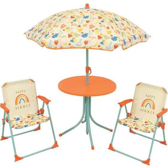 FUN HOUSE Fruitys Salon de jardin - 1 table H.46 x ø46 cm, 2 chaises H.53xl.38,5xP.37,5 cm et 1 parasol H.125 x ø100 cm