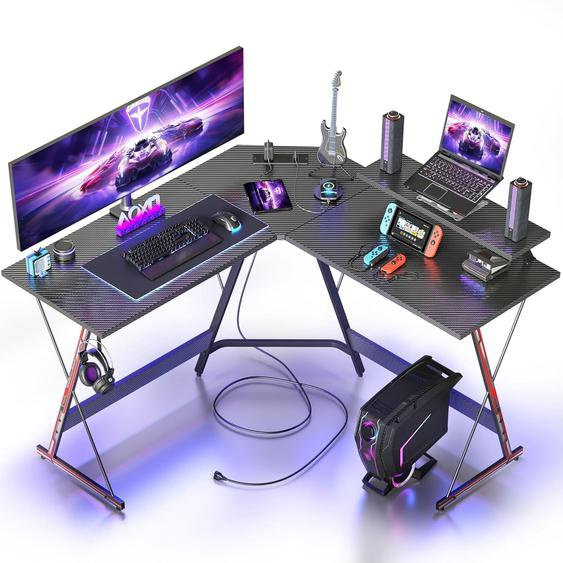 Gaming Bureau Dangle Avec Led Multiprise Intégrée - 128x128cm Table Gamer Informatique Forme L, Led Ruban Support Décran, Crochet Casque Pour Etudier Jouer Travailler Chambre Domicile Salon