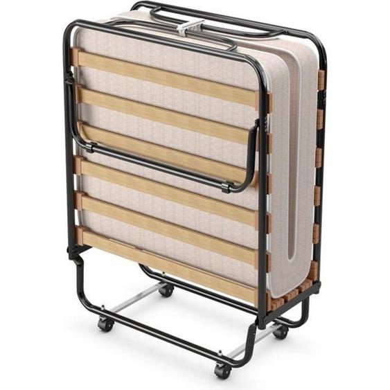 GIANTEX Lit d’Appoint Pliable 80X190cm avec Roulettes+Matelas en Mousse à Mémoire,Lit 1 Place 15 Lattes,Cadre en Acier,Charge 130KG