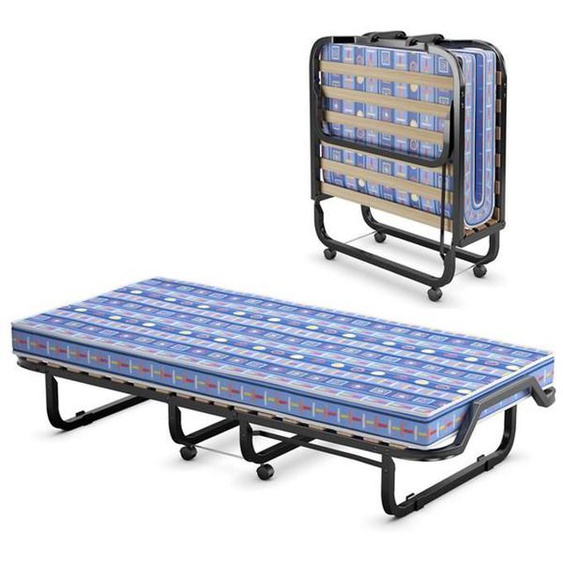 GIANTEX Lit d’Appoint Pliable 80x200CM à Roulettes-Matelas en Mousse à Mémoire Épaisseur 10CM-15 Lattes de Bois-Cadre en Acier-Bleu