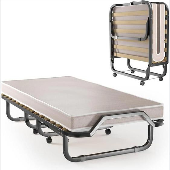 GIANTEX Lit d’Appoint Pliable 90x 200CM à Roulettes- Matelas en Mousse à Mémoire Épaisseur 10CM-Lit 1 Place en Acier-Charge 120KG