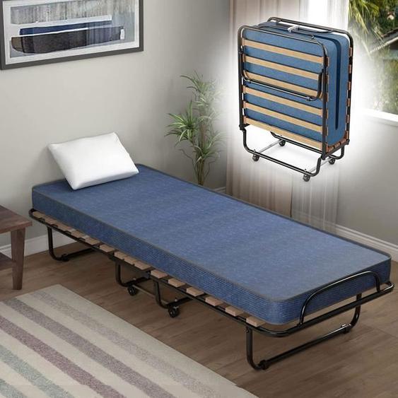 GIANTEX Lit dAppoint Pliant 80X190cm avec Roulettes et Matelas en Mousse à Mémoire,Lit 1 Place Cadre en Acier,Charge 130KG,Bleu