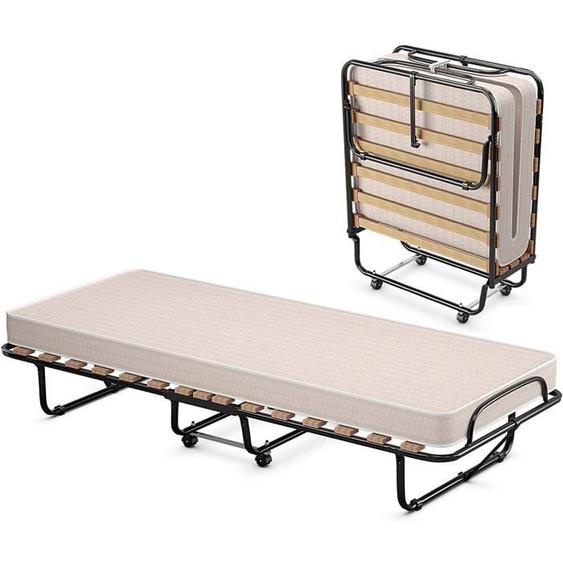 GIANTEX Lit dAppoint Pliant 80X190CM avec Roulettes +Matelas en Mousse à Mémoire,Lit 1 Place 15 Lattes+Cadre en Acier,Charge 120KG