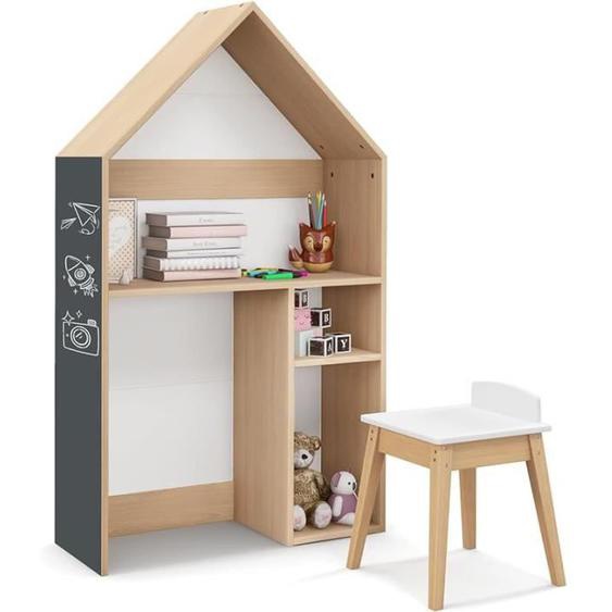 GOPLUS 2 en 1 Bureau Enfants en Forme Maison avec Tableau Noir et Banc en Bois, Dispositif Anti-Basculement, pour Enfants de 3 +