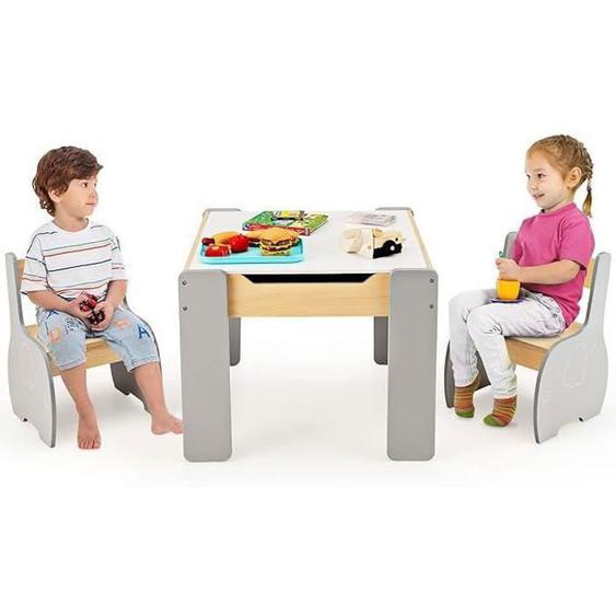 GOPLUS 4 en 1 Ensemble Table et Chaises Motif dÉléphant pour Enfants 3PCS avec Plateau Rabattable et Dossier, pour 3-6 Ans, Gris