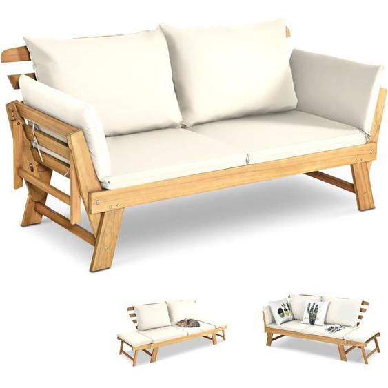 GOPLUS Canapé Lit de Jardin Extensible 2 Places Charge 320 KG-Accoudoirs Réglables/Coussins/Dossier Amovibles Beige