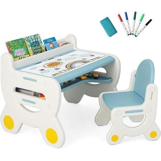 GOPLUS Ensemble Table et Chaise pour Enfants avec Plateau Effaçable, Stylos Aquarelle et Gomme, pour Dessiner, Lire, Jouer, Bleu