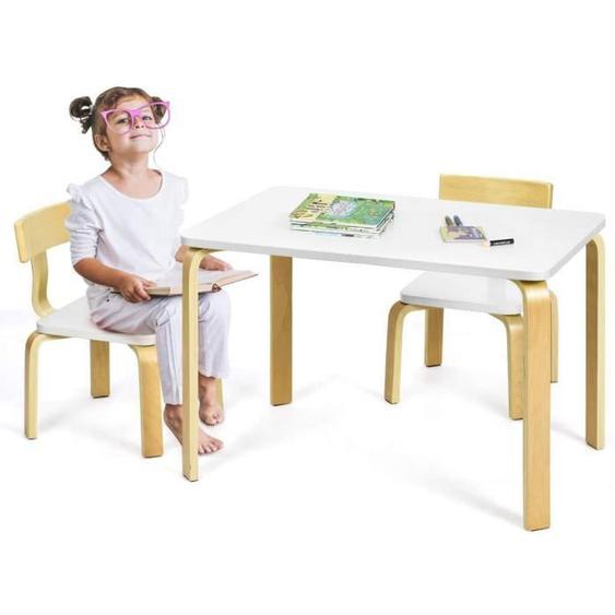 GOPLUS Ensembles de Tables et Chaises en Bois,Meuble Bébé Ergonomique Inclus 2 Chaises,Table Carrée avec Bords Lisses et Sûrs,Blanc