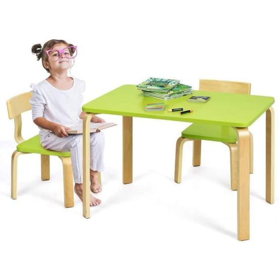 GOPLUS Ensembles de Tables et Chaises en Bois,Meuble Bébé Ergonomique Inclus 2 Chaises,Table Carrée avec Bords Lisses et Sûrs,Vert