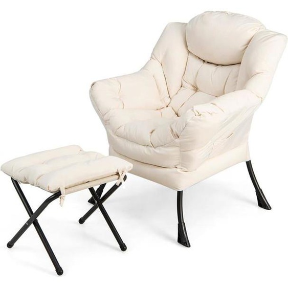 GOPLUS Fauteuil Salon avec Repose-Pieds Ottoman Pliant Charge 150KG+50KG-Pochette Latérale-Style Scandinave Beige