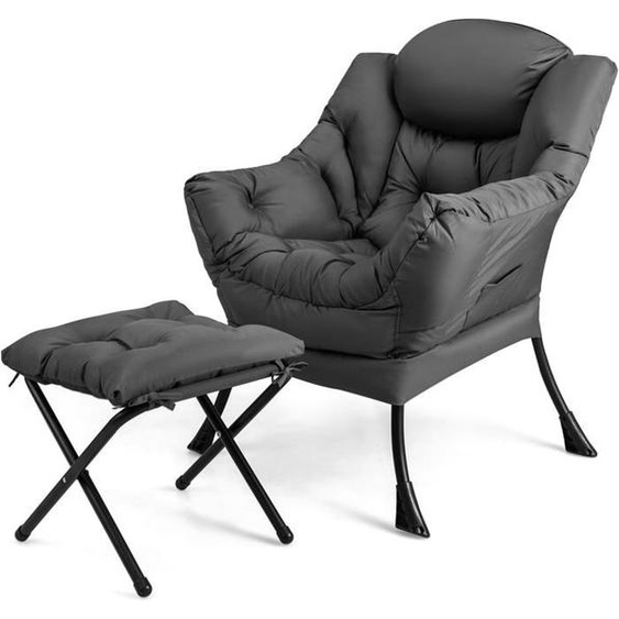 GOPLUS Fauteuil Salon avec Repose-Pieds Ottoman Pliant Charge 150KG+50KG-Pochette Latérale-Style Scandinave Gris