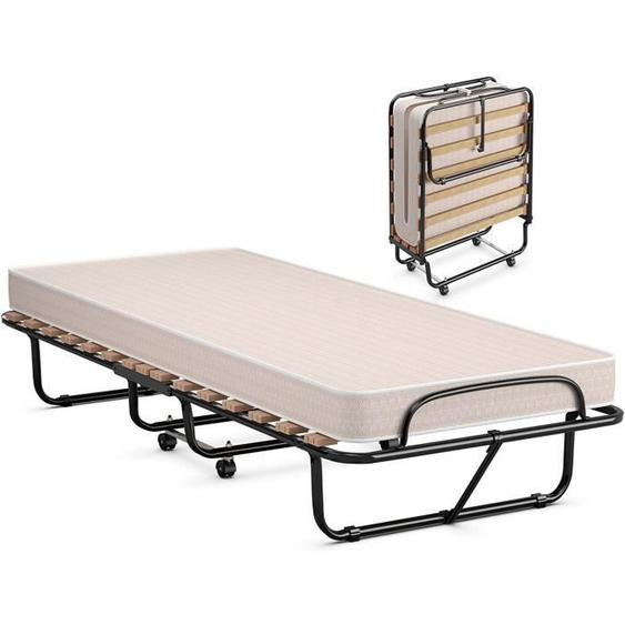 GOPLUS Lit Pliant 190x80x40CM avec Matelas en Mémoire de Forme-Charge 120KG-Cadre en Acier/15 Lattes/4 Roulettes Universelles-Blanc