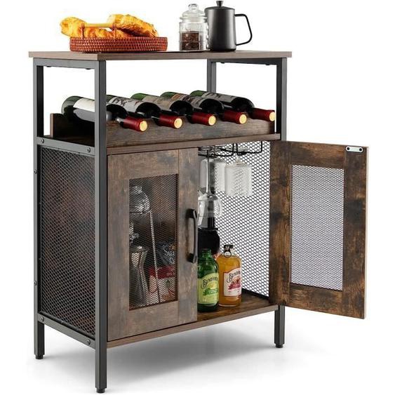 GOPLUS Meuble Bar à Vin, Table Autoportante Industriel avec Porte-Verres, Casier à Vin Amovible, Porte en Métal Grillagé,