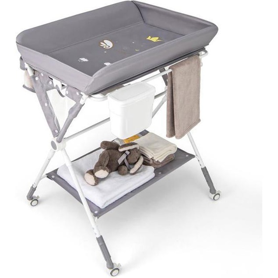 GOPLUS Table à Langer Pliable avec Grande espace de Rangement, Réglable en Hauteur, avec Roulettes et Ceinture de Sécurité Gris