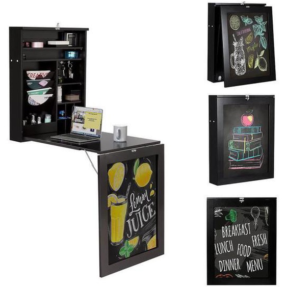 GOPLUS Table Pliante Murale avec Tableau Noir,Bureau Flottant Gain de Place avec Étagère de Rangement Réglable,Préassemblé,Noir