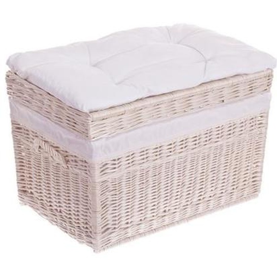 Grand panier - E-WICKER24 - Corbeille Pouf Banc avec Coussin de Siège - Osier et Coton - Blanc et Beige