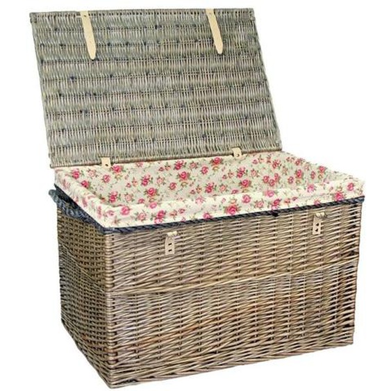 Grand panier en osier de rangement de lavage antique avec doublure de rose de jardin