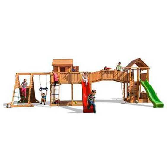 Grande aire de jeux multiactivités en bois avec toboggans rouge et vert