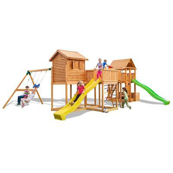 Grande aire de jeux multiactivités en bois avec toboggans vert et jaune