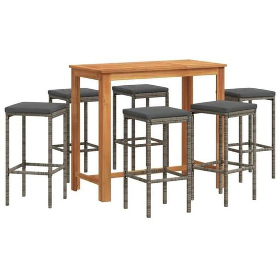 Gris Ensemble de bar de jardin 7 pcs gris bois massif acacia rotin