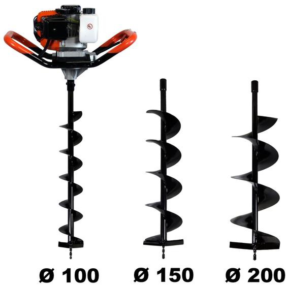 Gt Garden - Tarière thermique 52 cm3 - 3 cv - Lot de 3 mèches (100, 150 et 200 mm)