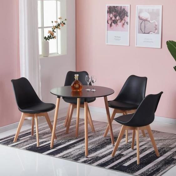 H.J WEDOO Ensemble Ronde table et chaise de 2 à 4 personnes Cuisine Scandinave en Pieds en Bois+4 noir chaises scandinaves 54*54*82c