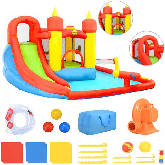 Happy Hop Château gonflable avec toboggan et piscine 410x385x220cm PVC