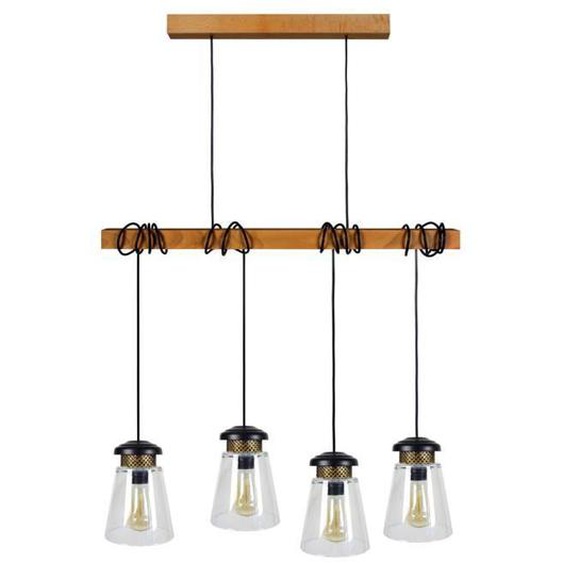 HARLEM B-Suspension bar bois  foncé,noir Abat-jour: cylindre verre transparent 4 ampoules E27 inspiration nordique P80xD15,5xH180cm