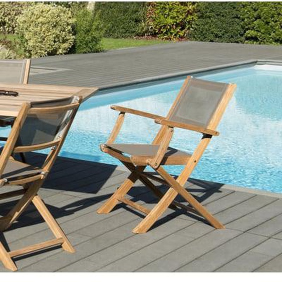 HARRIS - Ensemble de 2 fauteuils de jardin pliants en bois teck et textilène couleur taupe