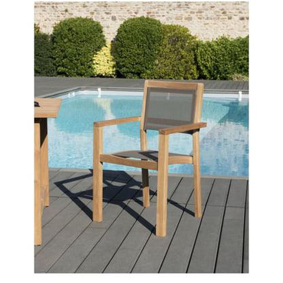 HARRIS - Ensemble de 2 fauteuils jardin empilables en bois teck et textilène couleur taupe