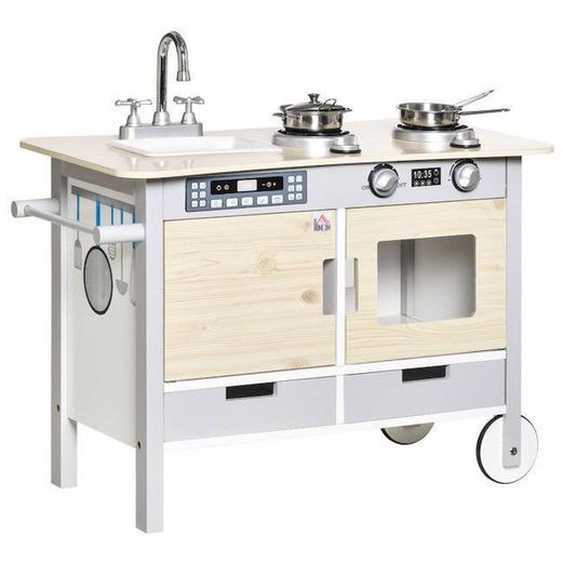 Homcom Cuisine Desserte Pour Enfant 2 En 1 Multi-équipement Avec 5 Accessoires Acier Inox. Mdf Aspect Bois Clair Gris Beige