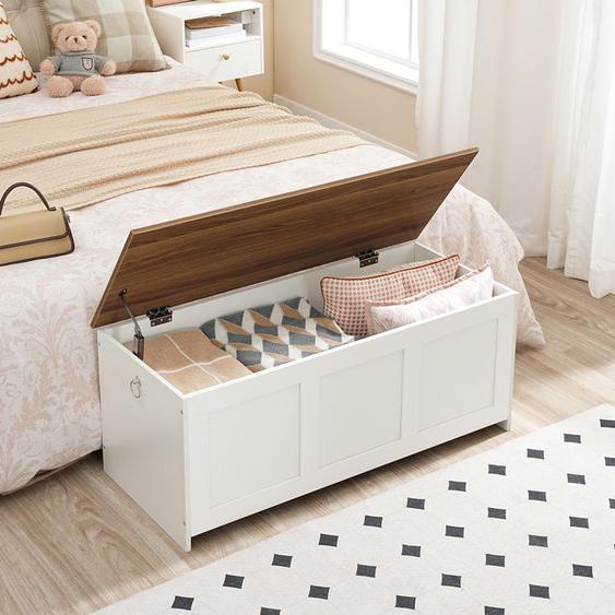 HOORBO Coffre de Rangement, Coffre avec charnière de sécurité, Banc de Rangement, Coffre à Jouets, Blanc et Noyer