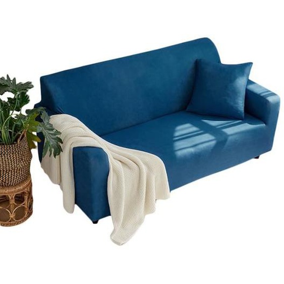 Housse de Canape de 4 Places Couleur Unie Pour Longueur de 235-300 cm Bleu