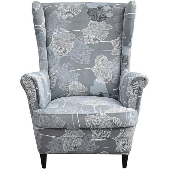 Housse de Fauteuil à Oreilles Extensible 2 Pièces，Housse de Fauteuil Antidérapante-feuilles de ginkgo gris