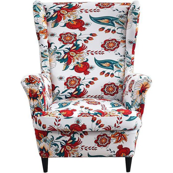 Housse de Fauteuil à Oreilles Extensible 2 Pièces，Housse de Fauteuil Antidérapante-Fleurs rouges sur fond blanc