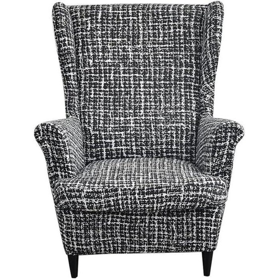 Housse de Fauteuil à Oreilles Extensible 2 Pièces，Housse de Fauteuil Antidérapante-tissage noir et blanc