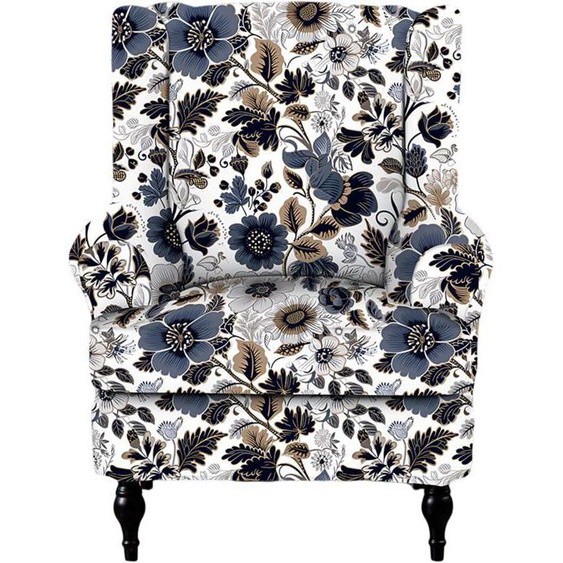 Housse de Fauteuil à Oreilles，style imprimé-fleurs bleu foncé